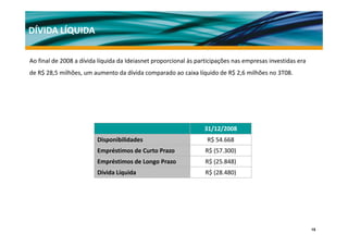 DÍVIDA LÍQUIDA

Ao final de 2008 a dívida líquida da Ideiasnet proporcional às participações nas empresas investidas era
de R$ 28,5 milhões, um aumento da dívida comparado ao caixa líquido de R$ 2,6 milhões no 3T08.




                                                                 31/12/2008
                         Disponibilidades                         R$ 54.668
                         Empréstimos de Curto Prazo
                         Empréstimos de Curto Prazo               R$ (57.300)
                                                                  R$ (57 300)
                         Empréstimos de Longo Prazo               R$ (25.848)
                         Dívida Líquida                           R$ (28.480)




                                                                                                           15
 