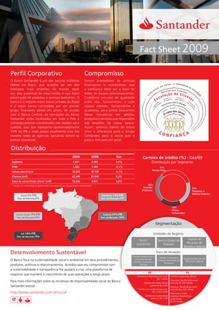 Fact Sheet 2009

Perfil Corporativo                                                                               Compromisso
O Banco Santander é um dos bancos múltiplos                                                      Somos prestadores de serviços
líderes no Brasil, que acredita ser um dos                                                       financeiros e acreditamos que
mercados mais atraentes do mundo dado                                                            a confiança deve ser a base de
seu alto potencial de crescimento e sua baixa                                                    todos os nossos relacionamentos.
penetração de produtos e serviços bancários. O                                                   Criaremos vínculos de qualidade
banco é o terceiro maior banco privado do Brasil                                                 entre nós, funcionários, e com
e o maior banco controlado por um grande                                                         nossos clientes, fornecedores e
grupo financeiro global em ativos, de acordo                                                     acionistas, para juntos buscarmos
com o Banco Central. As operações do Banco                                                       ideias inovadoras em gestão,
Santander estão localizadas em todo o País e                                                     produtos e serviços que respondam
estrategicamente concentradas nas regiões sul e                                                  aos desafios da nossa época.
sudeste, área que representa aproximadamente                                                     Assim, seremos líderes do nosso
73% do PIB e onde possui atualmente uma das                                                      setor e referência para o Grupo
maiores redes de agências bancárias dentre os                                                    Santander, para o nosso país e
bancos brasileiros.                                                                              para o mercado em geral.

Distribuição
                                                                                 2009                     2008                 Var.                  Carteira de crédito (%) - Dez/09
 Agências                                                                        2.091                    2.083                0,4%                              Distribuição por Segmento
 PABs                                                                            1.502                    1.503                -0,1%                                   31%
                                                                                                                                                                 Pessoa Física
 Caixas eletrônicos                                                             18.094                   18.120                -0,1%
 Clientes (mil)                                                                 22.240                   20.918                6,3%
 Total de correntistas ativos1 (mil)                                            10.240                    9.831                4,2%
 1- Clientes com movimentação de depósito à vista no período de 30 dias, segundo o Banco Central do Brasil.                                              28%
                                                                                                                                                     Grandes                                                   23%
                                                                                                                                                    Empresas                                                   Pequenas e
                                                                                                                                                                                                               Médias Empresas
           Norte: 5% PIB                                                                                           Nordeste: 13% PIB
        Part. de Mercado:5%                                                                                       Part. de Mercado: 7%             North: 5.1% GDP
                                                                                                                                                   Market Share: 4.9%




                                                                                                                                                                                      18%
                                                                                                                                                                                      Financ.
                                                                                                                                                                                      Consumidor
      Centro-Oeste: 9% PIB                                                                                          Sudeste: 57% PIB
      Part. de Mercado: 6%                                                                                        Part. de Mercado: 16%

                                                                                                                                                                        Segmentação

           Sul: 16% PIB                                                                                                                                            Unidades de Negócio
       Part. de Mercado: 9%
                                                                                                                                               Banco                     Banco Global de               Gestão de
                                                                                                                                              Comercial                     Atacado                   Recursos de
                                                                                                                                                                                                   Terceiros e Seguros

Desenvolvimento Sustentável                                                                                                                                             Foco de Atuação
                                                                                                                                          Clientes Pessoa Física e       Clientes Corporativos     Gestão de Recursos de
O Banco foca na sustentabilidade social e ambiental em seus procedimentos,                                                                   Empresas (exceto           Globais e Atividades de     Terceiros e Seguros
                                                                                                                                          Clientes Corporativos                Tesouraria
produtos, políticas e relacionamentos. Acredita que seu compromisso com                                                                          Globais)

a sustentabilidade e transparência lhe ajudará a criar uma plataforma de
negócios que manterá o crescimento de suas operações a longo prazo.                                                                                         PF                                        PJ
                                                                                                                                              Clientes com Patrimônio acima de       Clientes Corporativos Globais
                                                                                                                                                                   R$ 1 milhão
                                                                                                                                                                                     Corporate: Receita Bruta anual
Para mais informações sobre as iniciativas de responsabilidade social do Banco                                                                        Clientes com renda mensal      acima de R$ 250 milhões
Santander acesse:                                                                                                                                            a partir de R$ 4.000
                                                                                                                                                                                     Empresas: Receita Bruta anual
                                                                                                                                                Clientes com renda mensal entre      entre R$ 30 e 250 milhões
http://www.santander.com.br/social                                                                                                                             R$ 1.200 e 4.000
                                                                                                                                                                                     Pequenas e médias
                                                                                                                                                        Clientes com renda mensal    empresas: Receita Bruta
                                                                                                                                                               inferior a R$ 1.200   anual de até
                                                                                                                                                                                     R$ 30 milhões
 