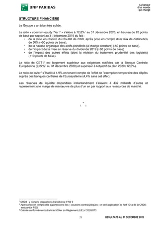 21 RESULTATS AU 31 DECEMBRE 2020
STRUCTURE FINANCIÈRE
Le Groupe a un bilan très solide.
Le ratio « common equity Tier 1 » s’élève à 12,8%1
au 31 décembre 2020, en hausse de 70 points
de base par rapport au 31 décembre 2019 du fait :
• de la mise en réserve du résultat de 2020, après prise en compte d’un taux de distribution
de 50% (+50 points de base),
• de la hausse organique des actifs pondérés (à change constant) (-50 points de base),
• de l’impact de la mise en réserve du dividende 2019 (+60 points de base)
• de l’impact des autres effets (dont la révision du traitement prudentiel des logiciels)
(+10 points de base).
Le ratio de CET11
est largement supérieur aux exigences notifiées par la Banque Centrale
Européenne (9,22%2
au 31 décembre 2020) et supérieur à l’objectif du plan 2020 (12,0%).
Le ratio de levier3
s’établit à 4,9% en tenant compte de l’effet de l’exemption temporaire des dépôts
auprès des banques centrales de l’Eurosystème (4,4% sans cet effet).
Les réserves de liquidité disponibles instantanément s’élèvent à 432 milliards d’euros et
représentent une marge de manœuvre de plus d’un an par rapport aux ressources de marché.
*
* *
1
CRD4 ; y compris dispositions transitoires IFRS 9
2
Après prise en compte des suppressions des « coussins contracycliques » et de l’application de l'art 104a de la CRD5 ;
excluant le P2G
3
Calculé conformément à l’article 500ter du Règlement (UE) n°2020/873
 