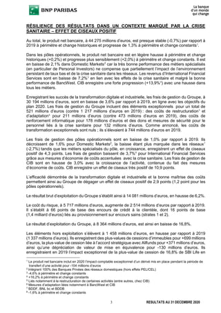 3 RESULTATS AU 31 DECEMBRE 2020
RÉSILIENCE DES RÉSULTATS DANS UN CONTEXTE MARQUÉ PAR LA CRISE
SANITAIRE – EFFET DE CISEAUX POSITIF
Au total, le produit net bancaire, à 44 275 millions d’euros, est presque stable (-0,7%) par rapport à
2019 à périmètre et change historiques et progresse de 1,3% à périmètre et change constants1
.
Dans les pôles opérationnels, le produit net bancaire est en légère hausse à périmètre et change
historiques (+0,2%) et progresse plus sensiblement (+2,0%) à périmètre et change constants. Il est
en baisse de 2,1% dans Domestic Markets2
car la très bonne performance des métiers spécialisés
(en particulier de Personal Investors) ne compense que partiellement l’impact de l’environnement
persistant de taux bas et de la crise sanitaire dans les réseaux. Les revenus d’International Financial
Services sont en baisse de 7,2%3
en lien avec les effets de la crise sanitaire et malgré la bonne
performance de BancWest. CIB enregistre une forte progression (+13,9%4
) avec une hausse dans
tous les métiers.
Enregistrant les succès de la transformation digitale et industrielle, les frais de gestion du Groupe, à
30 194 millions d’euros, sont en baisse de 3,6% par rapport à 2019, en ligne avec les objectifs du
plan 2020. Les frais de gestion du Groupe incluent des éléments exceptionnels pour un total de
521 millions d’euros (contre 1 217 millions d’euros en 2019) : des coûts de restructuration5
et
d’adaptation6
pour 211 millions d’euros (contre 473 millions d’euros en 2019), des coûts de
renforcement informatique pour 178 millions d’euros et des dons et mesures de sécurité pour le
personnel liés à la crise sanitaire pour 132 millions d’euros. Comme annoncé, les coûts de
transformation exceptionnels sont nuls ; ils s’élevaient à 744 millions d’euros en 2019.
Les frais de gestion des pôles opérationnels sont en baisse de 1,0% par rapport à 2019. Ils
décroissent de 1,6% pour Domestic Markets2
, la baisse étant plus marquée dans les réseaux7
(-2,7%) tandis que les métiers spécialisés du pôle, en croissance, enregistrent un effet de ciseaux
positif de 4,3 points. Les frais de gestion baissent de 3,7%8
pour International Financial Services
grâce aux mesures d’économie de coûts accentuées avec la crise sanitaire. Les frais de gestion de
CIB sont en hausse de 3,0% avec la croissance de l’activité, contenue du fait des mesures
d’économie de coûts. CIB enregistre un effet de ciseaux très positif de 10,9 points.
L’efficacité démontrée de la transformation digitale et industrielle et la bonne maîtrise des coûts
permettent ainsi au Groupe de dégager un effet de ciseaux positif de 2,9 points (1,2 point pour les
pôles opérationnels).
Le résultat brut d’exploitation du Groupe s’établit ainsi à 14 081 millions d’euros, en hausse de 6,2%.
Le coût du risque, à 5 717 millions d’euros, augmente de 2 514 millions d’euros par rapport à 2019.
Il s’établit à 66 points de base des encours de crédit à la clientèle, dont 16 points de base
(1,4 milliard d’euros) liés au provisionnement sur encours sains (strates 1 et 2).
Le résultat d’exploitation du Groupe, à 8 364 millions d’euros, est ainsi en baisse de 16,8%.
Les éléments hors exploitation s’élèvent à 1 458 millions d’euros, en hausse par rapport à 2019
(1 337 millions d’euros). Ils enregistrent des plus-values de cessions d’immeubles pour +699 millions
d’euros, la plus-value de cession liée à l’accord stratégique avec Allfunds pour +371 millions d’euros,
ainsi qu’une dépréciation de valeur de mise en équivalence pour -130 millions d’euros. Ils
enregistraient en 2019 l’impact exceptionnel de la plus-value de cession de 16,8% de SBI Life en
1
Le produit net bancaire inclut en 2020 l’impact comptable exceptionnel d’un dérivé mis en place pendant la période de
transfert d’une activité pour -104 millions d’euros
2
Intégrant 100% des Banques Privées des réseaux domestiques (hors effets PEL/CEL)
3
-4,6% à périmètre et change constants
4
+16,2% à périmètre et change constants
5
Liés notamment à la restructuration de certaines activités (entre autres, chez CIB)
6
Mesures d’adaptation liées notamment à BancWest et CIB
7
BDDF, BNL bc et BDDB
8
-1,6% à périmètre et change constants
 