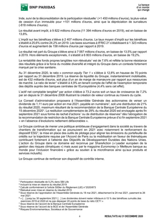 4 RESULTATS AU 31 DECEMBRE 2020
Inde, suivi de la déconsolidation de la participation résiduelle1
(+1 450 millions d’euros), la plus-value
de cession d’un immeuble pour +101 millions d’euros, ainsi que la dépréciation de survaleurs
(-818 millions d’euros).
Le résultat avant impôt, à 9 822 millions d’euros (11 394 millions d’euros en 2019), est en baisse de
13,8%.
L’impôt sur les bénéfices s’élève à 2 407 millions d’euros. Le taux moyen d’impôt sur les bénéfices
s’établit à 25,6% contre 24,2% en 2019. Les taxes soumises à IFRIC 21 s’établissent à 1 323 millions
d’euros et augmentent de 158 millions d’euros par rapport à 2019.
Le résultat net part du Groupe s’élève ainsi à 7 067 millions d’euros, en baisse de 13,5% par rapport
à 2019. Hors éléments exceptionnels, il s’établit à 6 803 millions d’euros, en baisse de 19,2%.
La rentabilité des fonds propres tangibles non réévalués2
est de 7,6% et reflète la bonne résistance
des résultats grâce à la force du modèle diversifié et intégré du Groupe dans un contexte fortement
marqué par la crise sanitaire.
Au 31 décembre 2020, le ratio « common equity Tier 1 » s’élève à 12,8% en hausse de 70 points
par rapport au 31 décembre 2019. La réserve de liquidité du Groupe, instantanément mobilisable,
est de 432 milliards d’euros, soit plus d’un an de marge de manœuvre par rapport aux ressources
de marché. Le ratio de levier3
s’établit à 4,9% en tenant compte de l’effet de l’exemption temporaire
des dépôts auprès des banques centrales de l’Eurosystème (4,4% sans cet effet).
L’actif net comptable tangible4
par action s’élève à 73,2 euros soit un taux de croissance de 7,2%
par an depuis le 31 décembre 2008 illustrant la création de valeur continue au travers du cycle.
Le Conseil d’administration proposera à l’Assemblée Générale des actionnaires de verser un
dividende de 1,11 euro par action en mai 2021, payable en numéraire5
, soit une distribution de 21%
du résultat 2020, maximum résultant de la recommandation de la Banque Centrale Européenne du
15 décembre 20206
. La restitution complémentaire de 29% du résultat 2020 est envisagée après fin
septembre 2021 sous forme de rachat d’actions7
ou de distribution de réserves8
dès l’abrogation de
la recommandation de restriction de la Banque Centrale Européenne prévue d’ici fin septembre 2021
« en l’absence d’évolutions nettement défavorables ».
Le Groupe continue de mener une politique ambitieuse d’engagement dans la société au travers de
chantiers de transformation qui se poursuivent en 2021 avec notamment le renforcement du
dispositif ESG9
, la mise en place des outils de pilotage pour aligner les émissions du portefeuille de
crédits sur la trajectoire requise par l’Accord de Paris ou la mobilisation en faveur de thématiques
contribuant fortement à l’atteinte des Objectifs de Développement Durables des Nations Unies.
L’action du Groupe dans ce domaine est reconnue par ShareAction (« Leader européen de la
gestion des risques climatiques ») mais aussi par le magazine Euromoney (« Meilleure banque au
monde pour l’inclusion financière » grâce au soutien à la microfinance ainsi qu’aux produits et
services inclusifs).
Le Groupe continue de renforcer son dispositif de contrôle interne.
1
Participation résiduelle de 5,2% dans SBI Life
2
Incluant la mise en réserve du résultat 2019
3
Calculé conformément à l’article 500ter du Règlement (UE) n°2020/873
4
Réévalué avec mise en réserve du résultat 2019
5
Sous réserve de l’approbation de l’Assemblée Générale du 18 mai 2021, détachement le 24 mai 2021, paiement le 26
mai 2021
6
« […] jusqu’au 30 septembre 2021 […] Les dividendes doivent rester inférieurs à 15 % des bénéfices cumulés des
exercices 2019 et 2020 et ne pas dépasser 20 points de base du ratio CET1 »
7
Sous réserve de l’accord de la Banque Centrale Européenne
8
Sous réserve de l’accord de la BCE et de l’Assemblée Générale
9
Risques Environnementaux, Sociétaux et de Gouvernance
 