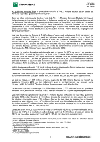 5 RESULTATS AU 31 DECEMBRE 2020
Au quatrième trimestre 2020, le produit net bancaire, à 10 827 millions d’euros, est en baisse de
4,5% par rapport au quatrième trimestre 20191
.
Dans les pôles opérationnels, il est en recul de 2,7%2
: -1,5% dans Domestic Markets3
où l’impact
de l’environnement persistant de taux bas et de la crise sanitaire n’est que partiellement compensé
par la hausse des volumes et la poursuite de la croissance des métiers spécialisés (en particulier
Consorsbank en Allemagne) ; -10,8%4
dans International Financial Services où la bonne
performance d’Asset Management ne compense pas la baisse des revenus liée aux effets de la
crise sanitaire et à l’impact des taux bas sur les autres métiers ; +6,9% dans CIB, en progression
dans tous les métiers5
.
Les frais de gestion du Groupe, à 7 562 millions d’euros, sont en baisse de 5,9% par rapport au
quatrième trimestre 2019. Ils incluent les éléments exceptionnels suivants pour un total de
175 millions d’euros (contre 420 millions d’euros au quatrième trimestre 2019) : coûts de
restructuration6
et d’adaptation7
(91 millions d’euros), coûts de renforcement informatique
(59 millions d’euros) et dons et mesures de sécurité pour le personnel liés à la crise sanitaire
(24 millions d’euros). Comme annoncé, les coûts de transformation exceptionnels sont nuls ;
ils s’élevaient à 175 millions d’euros au quatrième trimestre 2019.
Les frais de gestion des pôles opérationnels sont en baisse de 3,0% par rapport au quatrième
trimestre 2019. Ils sont en diminution de 1,0% pour Domestic Markets3
avec une baisse plus
marquée dans les réseaux8
(-2,2%) et une hausse modérée dans les métiers spécialisés en lien
avec leur croissance. Les frais de gestion sont en retrait de 5,9%9
pour International Financial
Services du fait de la poursuite des économies de coûts accentuées avec la crise sanitaire et sont
en baisse de 1,8% chez CIB, du fait d’une bonne maîtrise des coûts.
L’effet de ciseaux est positif (1,4 point) grâce à la concrétisation et à l’accentuation des mesures
d’économie de coûts engagées dans le cadre du plan 2020.
Le résultat brut d’exploitation du Groupe s’établit ainsi à 3 265 millions d’euros (3 301 millions d’euros
au quatrième trimestre 2019) en baisse de 1,1%. Il baisse de 2,2% pour les pôles opérationnels.
Le coût du risque, à 1 599 millions d’euros, augmente de 633 millions d’euros par rapport au
quatrième trimestre 2019 en lien notamment avec le provisionnement sur encours sains
(strates 1 et 2). Il s’établit à 74 points de base des encours de crédit à la clientèle.
Le résultat d’exploitation du Groupe, à 1 666 millions d’euros (2 335 millions d’euros au quatrième
trimestre 2019), est ainsi en retrait de 28,6%. Il est en baisse de 25,3% pour les pôles opérationnels.
Les éléments hors exploitation s’élèvent à 564 millions d’euros, en hausse par rapport au quatrième
trimestre 2019 où ils s’élevaient à 194 millions d’euros. Ils enregistrent les plus-values de cession
de plusieurs immeubles pour +193 millions d’euros, la plus-value de cession liée à l’accord
stratégique avec Allfunds pour +371 millions d’euros et une dépréciation de valeur de mise en
équivalence pour -130 millions d’euros. Ils incluaient au quatrième trimestre 2019 une plus-value sur
cession d’immeuble de +101 millions d’euros.
Le résultat avant impôt, à 2 230 millions d’euros (2 529 millions d’euros au quatrième trimestre 2019),
diminue de 11,8% et le résultat net part du Groupe s’élève à 1 592 millions d’euros, en baisse de
13,9% par rapport au quatrième trimestre 2019 (-31,8% hors éléments exceptionnels).
1
Il inclut l’impact comptable exceptionnel d’un dérivé mis en place pour le transfert d’une activité de -104 millions d’euros
2
+0,3% à périmètre et change constants
3
Intégrant 100% des Banques Privées des réseaux domestiques (hors effets PEL/CEL)
4
-6,1% à périmètre et change constants
5
A périmètre et change constants
6
Liés notamment à la restructuration de certaines activités (entre autres, chez CIB)
7
Liés notamment à CIB
8
BDDF, BNL bc et BDDB
9
-1,4% à périmètre et change constants
 