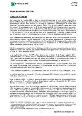 6 RESULTATS AU 31 DECEMBRE 2020
RETAIL BANKING & SERVICES
DOMESTIC MARKETS
Sur l’ensemble de l’année 2020, et dans un contexte marqué par la crise sanitaire, l’activité de
Domestic Markets témoigne d’un soutien fort à l’économie, tout en enregistrant des gains d’efficacité
opérationnelle. Le pôle s’est mobilisé tout au long de l’année pour accompagner les clients avec
notamment la mise en œuvre des prêts garantis par les États, en particulier en France et en Italie.
Les encours de crédit augmentent de 5,4% par rapport à 2019, en hausse dans tous les métiers
avec une bonne progression de la production de crédit à la clientèle des entreprises comme des
particuliers (et notamment une progression des crédits immobiliers). Les dépôts augmentent de
11,6% par rapport à 2019 en lien avec les effets de la crise sanitaire. La Banque Privée enregistre
une forte collecte nette de 6,1 milliards d’euros, dont 4,9 milliards d’euros de collecte externe.
Enfin, l’accélération des usages digitaux se confirme avec plus de 6,1 millions de clients actifs sur
les applications mobiles1
et une hausse de 41,5% par rapport au quatrième trimestre 2019 du
nombre de connexions quotidiennes (près de 4,6 millions). Le pôle développe rapidement son offre
digitale avec des hausses de 27% de comptes ouverts chez Nickel et de 30% du nombre de clients
pour le portefeuille électronique Lyf Pay en un an.
L’évolution des usages de la clientèle et le déploiement de solutions digitales innovantes permettent
d’améliorer le service aux clients et d’adapter les dispositifs d’agences (618 agences fermées depuis
fin 2016 en France, Belgique et Italie).
Le produit net bancaire2
, à 15 477 millions d’euros, est en baisse de 2,1% par rapport à 2019 :
l’impact des taux bas dans les réseaux est partiellement compensé par la hausse des volumes de
crédit ; les métiers spécialisés réalisent une bonne performance, notamment Personal Investors
(+36,0% par rapport à 2019 avec une forte progression de Consorsbank en Allemagne).
Les frais de gestion2
, à 10 568 millions d’euros, sont en baisse de 1,6% par rapport à 2019, avec
une baisse plus marquée dans les réseaux3
(-2,7%) atténuée par une hausse de 3,4% dans les
métiers spécialisés en lien avec leur croissance.
Le résultat brut d’exploitation2
, à 4 909 millions d’euros, est en baisse de 3,2% par rapport à 2019.
Le coût du risque2
est en hausse à 1 456 millions d’euros (1 021 millions d’euros en 2019), avec les
effets de la crise sanitaire.
Ainsi, après attribution d’un tiers du résultat de la Banque Privée au métier Wealth Management
(pôle International Financial Services), le résultat avant impôt4
du pôle s’établit à 3 271 millions
d’euros, en baisse de 13,9% par rapport à 2019.
Au quatrième trimestre 2020, le produit net bancaire2
, à 3 976 millions d’euros, est en baisse de
1,5% par rapport au quatrième trimestre 2019. Les impacts de l’environnement de taux bas et de la
crise sanitaire ne sont que partiellement compensés par la hausse des volumes de crédit et la
progression dans les métiers spécialisés, notamment Personal Investors (+39,0% par rapport au
quatrième trimestre 2019 avec une forte hausse des activités de Consorsbank en Allemagne). Les
frais de gestion2
, à 2 610 millions d’euros, sont en retrait (-1,0%) par rapport au quatrième trimestre
2019 avec une baisse plus marquée dans les réseaux3
(-2,2%) et une hausse dans les métiers
1
Clients avec au moins une connexion à l’App mobile par mois (en moyenne au 4T20), périmètre : clients particuliers,
professionnels et Banque Privée des réseaux de DM ou de banques digitales (y compris Allemagne, Autriche et Nickel)
2
Intégrant 100% de la Banque Privée en France (hors effets PEL/CEL), en Italie, en Belgique et au Luxembourg
3
BDDF, BNL bc et BDDB
4
Hors effets PEL/CEL de +3 millions d’euros contre +12 millions d’euros en 2019
 