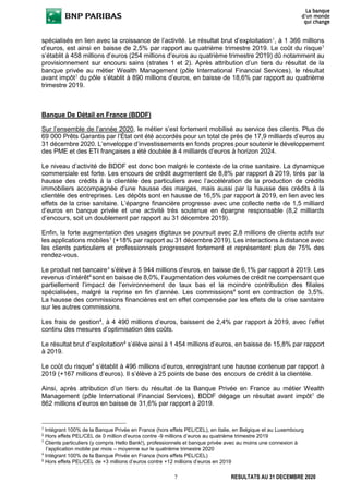 7 RESULTATS AU 31 DECEMBRE 2020
spécialisés en lien avec la croissance de l’activité. Le résultat brut d’exploitation1
, à 1 366 millions
d’euros, est ainsi en baisse de 2,5% par rapport au quatrième trimestre 2019. Le coût du risque1
s’établit à 458 millions d’euros (254 millions d’euros au quatrième trimestre 2019) dû notamment au
provisionnement sur encours sains (strates 1 et 2). Après attribution d’un tiers du résultat de la
banque privée au métier Wealth Management (pôle International Financial Services), le résultat
avant impôt2
du pôle s’établit à 890 millions d’euros, en baisse de 18,6% par rapport au quatrième
trimestre 2019.
Banque De Détail en France (BDDF)
Sur l’ensemble de l’année 2020, le métier s’est fortement mobilisé au service des clients. Plus de
69 000 Prêts Garantis par l’État ont été accordés pour un total de près de 17,9 milliards d’euros au
31 décembre 2020. L’enveloppe d’investissements en fonds propres pour soutenir le développement
des PME et des ETI françaises a été doublée à 4 milliards d’euros à horizon 2024.
Le niveau d’activité de BDDF est donc bon malgré le contexte de la crise sanitaire. La dynamique
commerciale est forte. Les encours de crédit augmentent de 8,8% par rapport à 2019, tirés par la
hausse des crédits à la clientèle des particuliers avec l’accélération de la production de crédits
immobiliers accompagnée d’une hausse des marges, mais aussi par la hausse des crédits à la
clientèle des entreprises. Les dépôts sont en hausse de 16,5% par rapport à 2019, en lien avec les
effets de la crise sanitaire. L’épargne financière progresse avec une collecte nette de 1,5 milliard
d’euros en banque privée et une activité très soutenue en épargne responsable (8,2 milliards
d’encours, soit un doublement par rapport au 31 décembre 2019).
Enfin, la forte augmentation des usages digitaux se poursuit avec 2,8 millions de clients actifs sur
les applications mobiles3
(+18% par rapport au 31 décembre 2019). Les interactions à distance avec
les clients particuliers et professionnels progressent fortement et représentent plus de 75% des
rendez-vous.
Le produit net bancaire4
s’élève à 5 944 millions d’euros, en baisse de 6,1% par rapport à 2019. Les
revenus d’intérêt4
sont en baisse de 8,0%, l’augmentation des volumes de crédit ne compensant que
partiellement l’impact de l’environnement de taux bas et la moindre contribution des filiales
spécialisées, malgré la reprise en fin d’année. Les commissions4
sont en contraction de 3,5%.
La hausse des commissions financières est en effet compensée par les effets de la crise sanitaire
sur les autres commissions.
Les frais de gestion4
, à 4 490 millions d’euros, baissent de 2,4% par rapport à 2019, avec l’effet
continu des mesures d’optimisation des coûts.
Le résultat brut d’exploitation4
s’élève ainsi à 1 454 millions d’euros, en baisse de 15,8% par rapport
à 2019.
Le coût du risque4
s’établit à 496 millions d’euros, enregistrant une hausse contenue par rapport à
2019 (+167 millions d’euros). Il s’élève à 25 points de base des encours de crédit à la clientèle.
Ainsi, après attribution d’un tiers du résultat de la Banque Privée en France au métier Wealth
Management (pôle International Financial Services), BDDF dégage un résultat avant impôt5
de
862 millions d’euros en baisse de 31,6% par rapport à 2019.
1
Intégrant 100% de la Banque Privée en France (hors effets PEL/CEL), en Italie, en Belgique et au Luxembourg
2
Hors effets PEL/CEL de 0 million d’euros contre -9 millions d’euros au quatrième trimestre 2019
3
Clients particuliers (y compris Hello Bank!), professionnels et banque privée avec au moins une connexion à
l’application mobile par mois – moyenne sur le quatrième trimestre 2020
4
Intégrant 100% de la Banque Privée en France (hors effets PEL/CEL)
5
Hors effets PEL/CEL de +3 millions d’euros contre +12 millions d’euros en 2019
 