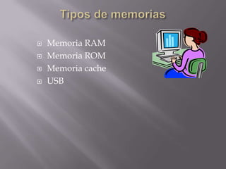 Tipos de memoriasMemoriaRAMMemoria ROMMemoria cacheUSB