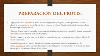 PREPARACIÓN DEL FROTIS:
• El propósito de la Fijación es matar los microorganismos, coagular el protoplasma de la célula y
adherir la preparación al portaobjetos. Sin el proceso previo de fijación se lavaría la capa de células
durante el proceso de tinción.
• El agente fijador ideal preserva las estructuras de la célula con su forma y posición sin que aparezcan
estructuras que no existían en la célula original.
• El calor , es en general el método de fijación mas utilizado para la observación de la morfología de
células bacterianas.
• El método químico, Cuando además de los microorganismos interesa la observación de
células animales, se utiliza un método químico como la fijación por metanol y por formol, que altera
menos que el calor la morfología de las células.
 