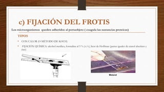 Los microorganismos queden adheridos al portaobjeto ( coagula las sustancias proteicas)
TIPOS
• CON CALOR (O MÉTODO DE KOCH)
• FIJACIÓN QUÍMICA: alcohol metílico, formalina al 5 % (v/v), licor de Hoffman (partes iguales de etanol absoluto y
éter)
Metanol
c) FIJACIÓN DEL FROTIS
 