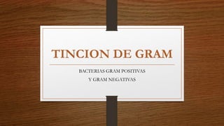 TINCION DE GRAM
BACTERIAS GRAM POSITIVAS
Y GRAM NEGATIVAS
 
