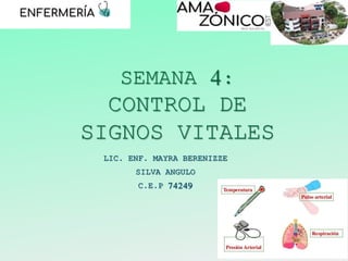 SEMANA 4:
CONTROL DE
SIGNOS VITALES
LIC. ENF. MAYRA BERENIZZE
SILVA ANGULO
C.E.P 74249
 