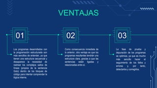 03
02
01
VENTAJAS
Los programas desarrollados con
la programación estructurada son
más sencillos de entender, ya que
tienen una estructura secuencial y
desaparece la necesidad de
rastrear los complejos saltos de
líneas (propios de la sentencia
Goto) dentro de los bloques de
código para intentar comprender la
lógica interna.
Como consecuencia inmediata de
lo anterior, otra ventaja es que los
programas resultantes tendrán una
estructura clara, gracias a que las
sentencias están ligadas y
relacionadas entre sí.
La fase de prueba y
depuración de los programas
se optimiza, ya que es mucho
más sencillo hacer el
seguimiento de los fallos y
errores y, por tanto,
detectarlos y corregirlos.
 