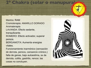 2º Chakra (solar o manupura) Mantra:  RAM Cromoterapia: AMARLLO DORADO Aromaterapia LAVANDA:  Efecto sedante, tranquilizante. ROMERO:  Efecto activador, superar pereza. BERGAMOTA:  Aumenta energias vitales. Funcionamiento inarmónico (sensación de derrota, pereza, cansancio crónico.) falta de ganas, bajo autoestima, sx de derrota, colitis, gastritis, rencor, las cosas no concluyen. 