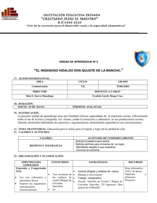 UNIDAD DE APRENDIZAJE Nº 4
“EL INGENIOSO HIDALGO DON QUIJOTE DE LA MANCHA.”
17. DATOS INFORMATIVOS.
ÁREA CICLO GRADO
Comunicación VII TERCERO
DIRECTOR DOCENTE A CARGO
Siles E. Sierra Manchego Cynthia Lizeth Riega Cruz
18. DURACIÓN:
INICIO: 03 DE MAYO TÉRMINO: 03 de JULIO
19. JUSTIFICACIÓN.
La presente unidad de aprendizaje tiene por finalidad reforzar capacidades de la expresión escrita, reflexionando
sobre el uso de la letra y ortografía. Así mismo, cuidar la corrección y coherencia en sus producciones escritas.
Además, desarrollar habilidades de expresión y argumentación, demostrando seguridad en sus conversaciones.
.
20. TEMA TRANSVERSAL: Educación para la salud, para el respeto y logro de la calidad de vida.
21. VALORES Y ACTITUDES:
VALORES ACTITUDES DE COMPORTAMIENTO
RESPETO Y TOLERANCIA
.Solicita la palabra para opinar.
.Solicita permiso para moverse de su lugar.
. Manifiesta respeto a sus maestros.
. Convive en armonía.
22. ORGANIZACIÓN Y PLANIFICACIÓN.
APRENDIZAJES
ESPERADOS
CONTENIDOS ESTRATEGIAS RECURSOS
Expresión y Comprensión
Oral.
• Lee con coherencia y
pertinencia léxica.
• Expresa sus argumentos
sustentándolos
armoniosamente.
 “Las aventuras de
los molinos de
viento”(Miguel de
Cervantes
Saavedra)
 La
• Lectura dirigida y análisis de casos
• Diálogo y conversación
• Trabajo cooperativo.
• Novela: “lazarillo de Tormes”, Miguel de
Cervantes Saavedra; “El ingenioso, Don
quijote de la Mancha”
Hoja informativa.
Texto de apoyo.
Papelotes y
plumones.
Proyector.
INSTITUCIÓN EDUCATIVA PRIVADA
“CRISTIANO JESÚS EL MAESTRO”
R.D.0309-2010
“Año de la inversión para el desarrollo rural y la seguridad alimentaria”
________________________________________________________________________________________________________________________
 