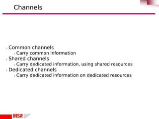 l Common channels
l Carry common information
l Shared channels
l Carry dedicated information, using shared resources
l Dedicated channels
l Carry dedicated information on dedicated resources
Channels
 