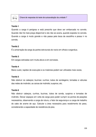 108 
Chave de respostas do teste de autoavaliação da unidade 7 
Tarefa 1 
Quando a carga é perigosa e está prescrito que deve ser embarcada no convés. 
Quando não há mais praça disponível e ela não se avaria, quando exposta no convés. 
Quando a carga é muito grande e não passa pela boca da escotilha e possa ir no 
convés. 
Tarefa 2 
É a amarração da carga às partes estruturais do navio em olhais e arganéus. 
Tarefa 3 
Em cargas estivadas com muita altura e em conveses. 
Tarefa 4 
Baixo custo; rapidez de execução e os materiais podem ser utilizados mais vezes. 
Tarefa 5 
Não obstruir os cabeços; buzinas; cunhos; tubos de sondagens; tomadas e válvulas 
das redes de incêndio; as caixas de incêndio; suspiros; etc. 
Tarefa 6 
Não obstruir cabeços, cunhos, buzinas, tubos de sonda, suspiros e tomadas de 
incêndio. Deixar espaços em volta da carga para poder cumprir os pontos de peações 
necessários, observando a carga de rotura, o fator de segurança e a carga de trabalho 
do cabo de arame de aço. Calcular a área necessária para recebimento do peso, 
considerando a capacidade de resistência do piso. 
 