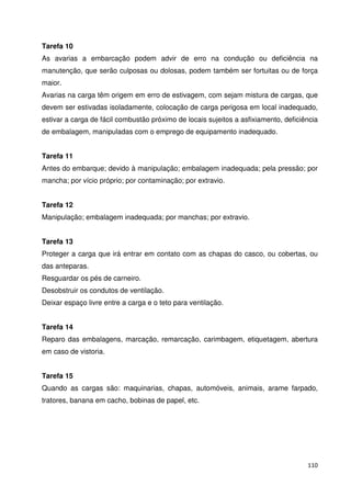 Tarefa 10 
As avarias a embarcação podem advir de erro na condução ou deficiência na 
manutenção, que serão culposas ou dolosas, podem também ser fortuitas ou de força 
maior. 
Avarias na carga têm origem em erro de estivagem, com sejam mistura de cargas, que 
devem ser estivadas isoladamente, colocação de carga perigosa em local inadequado, 
estivar a carga de fácil combustão próximo de locais sujeitos a asfixiamento, deficiência 
de embalagem, manipuladas com o emprego de equipamento inadequado. 
Tarefa 11 
Antes do embarque; devido à manipulação; embalagem inadequada; pela pressão; por 
mancha; por vício próprio; por contaminação; por extravio. 
110 
Tarefa 12 
Manipulação; embalagem inadequada; por manchas; por extravio. 
Tarefa 13 
Proteger a carga que irá entrar em contato com as chapas do casco, ou cobertas, ou 
das anteparas. 
Resguardar os pés de carneiro. 
Desobstruir os condutos de ventilação. 
Deixar espaço livre entre a carga e o teto para ventilação. 
Tarefa 14 
Reparo das embalagens, marcação, remarcação, carimbagem, etiquetagem, abertura 
em caso de vistoria. 
Tarefa 15 
Quando as cargas são: maquinarias, chapas, automóveis, animais, arame farpado, 
tratores, banana em cacho, bobinas de papel, etc. 
 