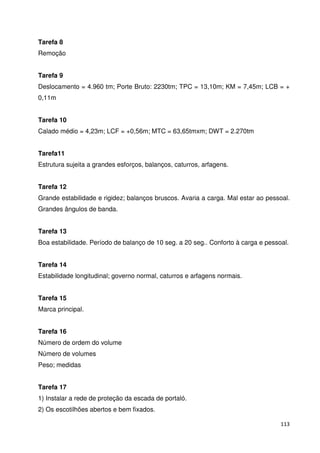 113 
Tarefa 8 
Remoção 
Tarefa 9 
Deslocamento = 4.960 tm; Porte Bruto: 2230tm; TPC = 13,10m; KM = 7,45m; LCB = + 
0,11m 
Tarefa 10 
Calado médio = 4,23m; LCF = +0,56m; MTC = 63,65tmxm; DWT = 2.270tm 
Tarefa11 
Estrutura sujeita a grandes esforços, balanços, caturros, arfagens. 
Tarefa 12 
Grande estabilidade e rigidez; balanços bruscos. Avaria a carga. Mal estar ao pessoal. 
Grandes ângulos de banda. 
Tarefa 13 
Boa estabilidade. Período de balanço de 10 seg. a 20 seg.. Conforto à carga e pessoal. 
Tarefa 14 
Estabilidade longitudinal; governo normal, caturros e arfagens normais. 
Tarefa 15 
Marca principal. 
Tarefa 16 
Número de ordem do volume 
Número de volumes 
Peso; medidas 
Tarefa 17 
1) Instalar a rede de proteção da escada de portaló. 
2) Os escotilhões abertos e bem fixados. 
 