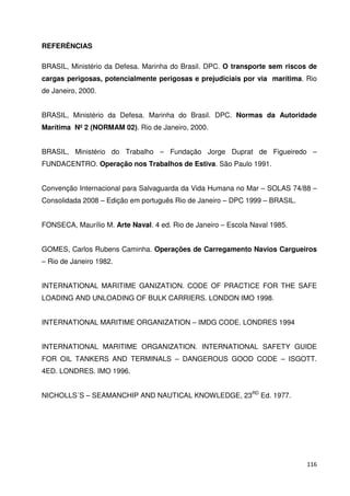 116 
REFERÊNCIAS 
BRASIL, Ministério da Defesa. Marinha do Brasil. DPC. O transporte sem riscos de 
cargas perigosas, potencialmente perigosas e prejudiciais por via marítima. Rio 
de Janeiro, 2000. 
BRASIL, Ministério da Defesa. Marinha do Brasil. DPC. Normas da Autoridade 
Marítima Nº 2 (NORMAM 02). Rio de Janeiro, 2000. 
BRASIL, Ministério do Trabalho – Fundação Jorge Duprat de Figueiredo – 
FUNDACENTRO. Operação nos Trabalhos de Estiva. São Paulo 1991. 
Convenção Internacional para Salvaguarda da Vida Humana no Mar – SOLAS 74/88 – 
Consolidada 2008 – Edição em português Rio de Janeiro – DPC 1999 – BRASIL. 
FONSECA, Maurílio M. Arte Naval. 4 ed. Rio de Janeiro – Escola Naval 1985. 
GOMES, Carlos Rubens Caminha. Operações de Carregamento Navios Cargueiros 
– Rio de Janeiro 1982. 
INTERNATIONAL MARITIME GANIZATION. CODE OF PRACTICE FOR THE SAFE 
LOADING AND UNLOADING OF BULK CARRIERS. LONDON IMO 1998. 
INTERNATIONAL MARITIME ORGANIZATION – IMDG CODE. LONDRES 1994 
INTERNATIONAL MARITIME ORGANIZATION. INTERNATIONAL SAFETY GUIDE 
FOR OIL TANKERS AND TERMINALS – DANGEROUS GOOD CODE – ISGOTT. 
4ED. LONDRES. IMO 1996. 
NICHOLLS´S – SEAMANCHIP AND NAUTICAL KNOWLEDGE, 23RD Ed. 1977. 
