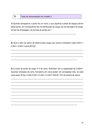30 
Teste de Autoavaliação da unidade 2 
1) Quando carregamos o porão de um navio, o que significa a perda de espaço dentro 
deste porão, em consequência da má distribuição da carga, da má estivagem da carga, 
do tipo de embalagem, do formato do porão etc.? 
_______________________________________________________________ 
2) Qual o fator de estiva de determinada carga cujo volume embalado mede 0,60m x 
0,30m x 0,30m e pesa 80 Kg? 
______________________________________________________________________ 
______________________________________________________________________ 
______________________________________________________________________ 
________________________________________________________________ 
3) O cobro do porão de carga nº 2 do navio “Solimões” tem a capacidade de 2.002m³. 
Quantas toneladas de certa mercadoria em caixa podem ser carregadas nele, se cada 
caixa pesa 40 kg e mede 0,50m x 0,40m x 0,40m? Admitir 10% de quebra de estiva. 
______________________________________________________________________ 
______________________________________________________________________ 
______________________________________________________________________ 
______________________________________________________________________ 
______________________________________________________________________ 
______________________________________________________________________ 
______________________________________________________________________ 
______________________________________________________________________ 
________________________________________________________________ 
 