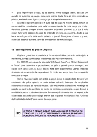 para impedir que a carga, ao se acamar, forme espaços vazios, deixa-se um 
cavado na superfície da carga, como uma grande tigela, forra-se com encerado ou 
plástico, enchendo-se a tigela com carga geral apropriada ou sacarias. 
 quando se operam granéis com outro tipo de carga no mesmo porão, tomam-se 
as necessárias providências para evitar a contaminação da outra carga por poeira. 
Para isso, pode-se proteger a outra carga com encerados, plásticos, ou, o que é mais 
eficaz, fazer uma espécie de poço de encerado em volta da escotilha, desde a sua 
boca até o lugar onde está sendo estivado o granel. Carrega-se primeiro o granel, 
espera-se assentar a poeira, varre-se e colocam-se as demais cargas. 
51 
4.5 - escorregamento do grão em um porão 
O grão a granel tem a propriedade de um semi-fluído e, portanto, está sujeito a 
movimento, devido a um balanço forte sofrido pelo navio em mar duro. 
Em 1967/68, um estudo foi feito pela “U.S.Coast Guard” e o “British Department 
of Trade” para determinar o procedimento do grão a granel quando carregado em 
navios com vários porões. Esse estudo, feito com experimentos usando modelos 
simulados do movimento da carga dentro do porão, em tempo duro, traz a seguinte 
conclusão a seguir. 
Com o navio carregado com grãos a granel, existe a possibilidade de haver um 
movimento de grãos quando o navio estiver sofrendo balanços de amplitudes 
superiores ao ângulo de repouso do grão. Este movimento acarreta uma mudança na 
posição do centro de gravidade do navio na condição considerada, o que diminui a 
estabilidade para o bordo do movimento. Em consequência deste fato, os requisitos de 
estabilidade para este tipo de carga diferem dos requisitos mencionados nos “Critérios 
de Estabilidade da IMO” para navios de carga geral. 
O TRIGO E DEMAIS GRÃOS COM ÂNGULO DE REPOUSO EM 
TORNO DE 23º SÃO CONSIDERADOS CARGAS PERIGOSAS 
PORQUE O ÂNGULO DE REPOUSO É MENOR QUE 35º. 
 