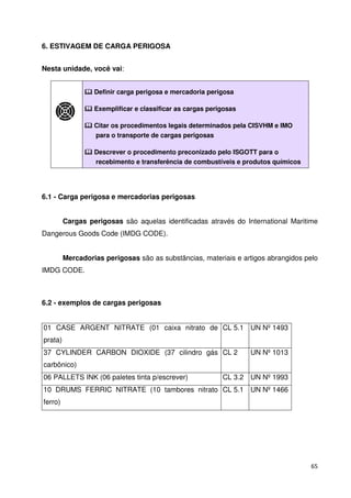 65 
6. ESTIVAGEM DE CARGA PERIGOSA 
Nesta unidade, você vai: 
 Definir carga perigosa e mercadoria perigosa 
 Exemplificar e classificar as cargas perigosas 
 Citar os procedimentos legais determinados pela CISVHM e IMO 
para o transporte de cargas perigosas 
 Descrever o procedimento preconizado pelo ISGOTT para o 
recebimento e transferência de combustíveis e produtos químicos 
6.1 - Carga perigosa e mercadorias perigosas 
Cargas perigosas são aquelas identificadas através do International Maritime 
Dangerous Goods Code (IMDG CODE). 
Mercadorias perigosas são as substâncias, materiais e artigos abrangidos pelo 
IMDG CODE. 
6.2 - exemplos de cargas perigosas 
01 CASE ARGENT NITRATE (01 caixa nitrato de 
prata) 
CL 5.1 UN Nº 1493 
37 CYLINDER CARBON DIOXIDE (37 cilindro gás 
carbônico) 
CL 2 UN Nº 1013 
06 PALLETS INK (06 paletes tinta p/escrever) CL 3.2 UN Nº 1993 
10 DRUMS FERRIC NITRATE (10 tambores nitrato 
CL 5.1 UN Nº 1466 
ferro) 
 
