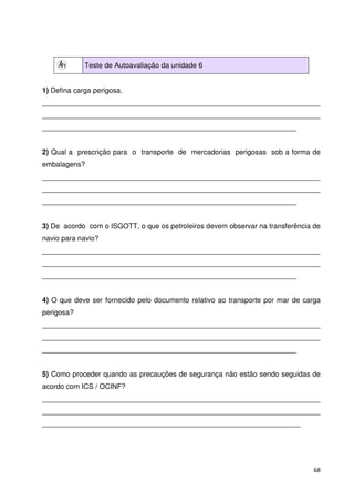 68 
Teste de Autoavaliação da unidade 6 
1) Defina carga perigosa. 
______________________________________________________________________ 
______________________________________________________________________ 
________________________________________________________________ 
2) Qual a prescrição para o transporte de mercadorias perigosas sob a forma de 
embalagens? 
______________________________________________________________________ 
______________________________________________________________________ 
________________________________________________________________ 
3) De acordo com o ISGOTT, o que os petroleiros devem observar na transferência de 
navio para navio? 
______________________________________________________________________ 
______________________________________________________________________ 
________________________________________________________________ 
4) O que deve ser fornecido pelo documento relativo ao transporte por mar de carga 
perigosa? 
______________________________________________________________________ 
______________________________________________________________________ 
________________________________________________________________ 
5) Como proceder quando as precauções de segurança não estão sendo seguidas de 
acordo com ICS / OCINF? 
______________________________________________________________________ 
______________________________________________________________________ 
_________________________________________________________________ 
 