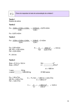 99 
Chave de respostas do teste de autoavaliação da unidade 2 
Tarefa 1 
Quebra de estiva 
Tarefa 2 
Fe = 0,60m x 0,30m x 0,30m = 0,054m3 = 0,675 m3/tm 
0,08 t 0,08 t 
Fe = 0,675 m3/tm 
Tarefa 3 
Fe = 0,50m x 0,40m x 0,40m = 0,08m3 = 2 m3/tm 
0,04 t 0,04 t 
Fe = 2,00 m3/tm 
QE 10% = 0,20 m3/tm 
Fef = 2,20 m3/tm 
P = 910 tm 
Tarefa 4 
Área = 21,0 m x 18,0 m 5tm __________ m2 
Área = 378 m2 x t ___________378 m2 
xt = 1890 tm 
1 saco ________ 50 kg 
x sacos ________ 1.890.000 kg 37.800 sacos 
Fe = 1.00 m3/tm 
QE 5% = 0,05 m3/tm 
Fef = 1,05 m3/tm 
P = V = 2002 m3 = 910 tm 
Fef 2,20 m3/tm 
V = P x Fef = 1.890 tm x 1,05 m3/tm 
V = 1.984,5 m3 
h = V = 1.984,5 m3 = 5,25 m 
A 378 m2 
 