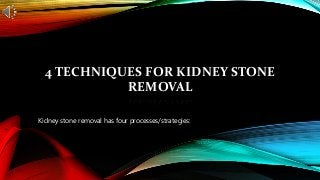 Kidney stone removal has four processes/strategies:
4 TECHNIQUES FOR KIDNEY STONE
REMOVAL
 