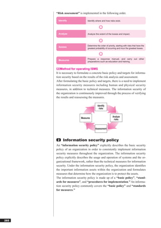 “Risk assessment” is implemented in the following order.

       Identify                 Identify where and how risks exist.




       Analyze                  Analyze the extent of the losses and impact.




                                Determine the order of priority, starting with risks that have the
       Assess
                                greatest probability of occurring and incur the greatest losses.



                                Prepare a response manual, and carry out other
       Measures
                                preparations such as education and training.


      (2)Method for operating ISMS
      It is necessary to formulate a concrete basic policy and targets for informa-
      tion security based on the results of the risk analysis and assessment.
      After formulating the basic policy and targets, there is a need to implement
      information security measures including human and physical security
      measures, in addition to technical measures. The information security of
      the organization is continuously improved through the process of verifying
      the results and reassessing the measures.

                                           Identify
                                             risks


                           Measures                          Analyze
                                                              risks


                                        Assessment



       2   Information security policy
      An “information security policy” explicitly describes the basic security
      policy of an organization in order to consistently implement information
      security measures throughout the organization. The information security
      policy explicitly describes the usage and operation of systems and the or-
      ganizational framework, rather than the technical measures for information
      security. Under the information security policy, the organization identiﬁes
      the important information assets within the organization and formulates
      measures that determine how the organization is to protect the assets.
      The information security policy is made up of a “basic policy”, “stand-
      ards for measures”, and “procedures for implementation.” An informa-
      tion security policy commonly covers the “basic policy” and “standards
      for measures.”




285
 