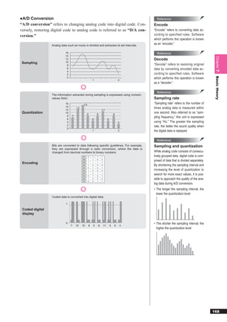 ●A/D Conversion                                                                              Reference
“A/D conversion” refers to changing analog code into digital code. Con-                    Encode
versely, restoring digital code to analog code is referred to as “D/A con-                 “Encode” refers to converting data ac-
version.”                                                                                  cording to specified rules. Software
                                                                                           which performs this operation is known
                  Analog data such as music is divided and extracted at set intervals.
                                                                                           as an “encoder.”

                             16                                                              Reference
                             14




                                                                                                                                         Chapter 7
                             12                                                            Decode
 Sampling                    10
                              8                                                            “Decode” refers to restoring original
                              6                                                            data by converting encoded data ac-
                              4
                              2                                                            cording to specified rules. Software




                                                                                                                                         Basic theory
                              0                                                            which performs this operation is known
                                                     1                                2
                                                                                           as a “decoder.”

                                                                                             Reference
                  The information extracted during sampling is expressed using numeric
                  values (bits).                                                           Sampling rate
                             16             15
                                                                                           “Sampling rate” refers to the number of
                             14
                                      12                                                   times analog data is measured within
                             12                                  11
 Quantization                10                                                            one second. Also referred to as “sam-
                                                8        8                        8
                              8   7                                                        pling frequency,” this unit is expressed
                              6                      5                    5
                              4                                                       3    using “Hz.” The greater the sampling
                              2                                                            rate, the better the sound quality when
                              0
                                                     1                                2    the digital data is replayed.

                                                                                             Reference
                  Bits are converted to data following specific guidelines. For example,   Sampling and quantization
                  they are expressed through a radix conversion, where the data is
                  changed from decimal numbers to binary numbers.                          While analog code consists of consecu-
                                           7     0   1   1       1                         tively grouped data, digital code is com-
                                           12    1   1   0       0
                                                                                           prised of data that is divided separately.
 Encoding                                  15    1   1   1       1
                                           8     1   0   0       0                         By shortening the sampling interval and
                                           5     0   1   0       1
                                           8     1   0   0       0                         increasing the level of quantization to
                                           11
                                           5
                                                 1
                                                 0
                                                     0
                                                     1
                                                         1
                                                         0
                                                                 1
                                                                 1
                                                                                           search for more exact values, it is pos-
                                           8     1   0   0       0                         sible to approach the quality of the ana-
                                           3     0   0   1       1
                                                                                           log data during A/D conversion.
                                                                                           • The longer the sampling interval, the
                                                                                             lower the quantization level
                  Coded data is converted into digital data.

                             1

 Coded digital
 display

                             0                                                             • The shorter the sampling interval, the
                                  7   12   15    8   5       8       11       5   8   3
                                                                                             higher the quantization level




                                                                                                                                        168
 