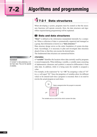 7-2                              Algorithms and programming

                                                     7-2-1 Data structures
                                               When developing a system, programs must be created so that the neces-
                                               sary functions will operate correctly. Here, the data structures and algo-
                                               rithms required during programming will be explained.

                                                1   Data and data structures
                                               “Data” is deﬁned as the information manipulated internally by a compu-
                                               ter. When a collection of data is systematically organized and managed as
                                               a group, that information is known as a “data structure.”
                                               Data structure design serves as the entire foundation of system develop-
                                               ment. Accordingly, it is necessary to plan and investigate data structures
                                               ahead of time so that they can execute the desired tasks.
                                               The fundamental data structures are summarized below.

        Reference                              ●Variables
      Constant                                 A “variable” identiﬁes the location where data currently used by programs
      A “constant” is data possessing a cer-   is stored temporarily. When deﬁning a variable, a variable name consisting
      tain ﬁxed value. They are the opposite   of alphanumeric characters and symbols is entered to differentiate it from
      of variables.
                                               other data. In addition, while it is being used, the variable is assigned a
                                               value.
                                               For example, in the expression “y = a + 10,” by assigning a value of “10”
                                               to a, y will equal “20.” Since the properties of variables allow for different
                                               values to be entered each time a program is executed, there is no need to
                                               rewrite the actual program at such times.

                                                                    10
                                                                            Data is assigned when the program is executed.




                                                               y=          a             +10


                                                         The variable acts as a kind of box which contains the data.




171
 