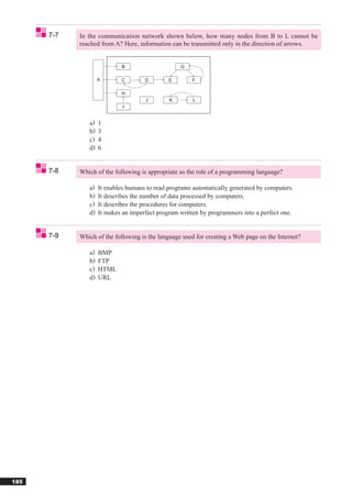 7-7   In the communication network shown below, how many nodes from B to L cannot be
            reached from A? Here, information can be transmitted only in the direction of arrows.


                            B                     G

                    A       C        D        E       F

                            H
                                     J        K        L
                             I


               a)   1
               b)   3
               c)   4
               d)   6


      7-8   Which of the following is appropriate as the role of a programming language?

               a)   It enables humans to read programs automatically generated by computers.
               b)   It describes the number of data processed by computers.
               c)   It describes the procedures for computers.
               d)   It makes an imperfect program written by programmers into a perfect one.


      7-9   Which of the following is the language used for creating a Web page on the Internet?

               a)   BMP
               b)   FTP
               c)   HTML
               d)   URL




185
 