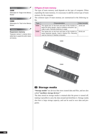 Reference                                 (3)Types of main memory
      SIMM                                        The type of main memory used depends on the type of computer. When
      Abbreviation for “Single In-line Memory     expanding the main memory, it is necessary to add the correct type of main
      Module.”                                    memory for the computer.
                                                  The common types of main memory are summarized in the following ta-
        Reference
                                                  ble.
      DIMM
      Abbreviation for “Dual In-line Memory        Type                       Characteristics                        Data transfer
      Module.”                                     SIMM    The signal pins on the front and back of the module re-   32-bit unit
                                                           lease the same signals. Used on desktop computers, typ-
        Reference                                          ically in pairs. Recently declining in usage.

      Expansion memory                             DIMM    The signal pins on the front and back of the module re-   64-bit unit
                                                           lease separate signals. Used in laptop PCs. Recently
      “Expansion memory” is memory that is
                                                           used as memory in desktop computers.
      added later to expand the built-in stand-
      ard memory.

                                                                                       SIMM




                                                                                       DIMM




                                                   2   Storage media
                                                  “Storage media” are devices that store created data and ﬁles, and are also
                                                  called “auxiliary storage devices.”
                                                  The data stored on storage media is retained after the power is turned off,
                                                  making it possible to carry the data around and distribute it. Storage media
                                                  also have a large storage capacity, and can be used to save data and pro-
                                                  grams.




193
 