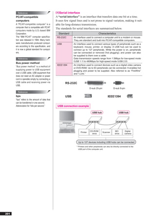 Reference                               (1)Serial interface
      PC/AT-compatible                          A “serial interface” is an interface that transfers data one bit at a time.
      computers                                 It uses few signal lines and is not prone to signal variation, making it suit-
      A “PC/AT-compatible computer” is a        able for long-distance transmission.
      computer that is compatible with PC/AT
                                                The standards for serial interfaces are summarized below.
      computers made by U.S.-based IBM
      Corporation.                                Standard                                   Characteristics
      The “IBM PC/AT” computer specifica-        RS-232C        An interface used to connect a computer unit to a modem or mouse.
      tion was released in 1984. Many hard-                     They are standard and built into PC/AT-compatible computers.
      ware manufacturers produced comput-        USB            An interface used to connect various types of peripherals such as a
      ers according to this speciﬁcation, and                   keyboard, mouse, printer, or display. A USB hub can be used to
      it is now a global standard for comput-                   connect up to 127 peripherals. While the power is on, peripherals
      ers.                                                      can be connected or removed (hot plugging), and power can also
                                                                be supplied to them over a cable.
        Reference                                               Data transmission speeds range from 1.5Mbps for low-speed mode
                                                                (USB 1.1) to 480Mbps for high-speed mode (USB 2.0).
      Bus power method
                                                 IEEE1394       An interface used to connect devices such as a digital video camera
      “Bus power method” is a method of
                                                                or DVD-RAM. Up to 63 peripherals can be connected. It enables hot
      supplying power to USB equipment                          plugging and power to be supplied. Also referred to as “FireWire”
      over a USB cable. USB equipment that                      and “i.Link.”
      does not need an AC adapter or power
      cord is operable simply by connecting a
      USB cable and receiving power via                 RS-232C
      USB.
                                                                                  D-sub 25-pin                  D-sub 9-pin
        Reference
      bps                                               USB                                              IEEE1394
      “bps” refers to the amount of data that
      can be transferred in one second.
      Abbreviation for “bits per second.”        USB connection example

                                                                                      USB hub                          USB hub




                                                                                   CD-ROM                         MO          Digital
                                                                       Printer                    Scanner
                                                                                     drive                        drive       camera



                                                                    Up to 127 devices including USB hubs can be connected
                                                                   * Printers and other peripherals can also be directly connected to the
                                                                     USB port of the computer unit.




201
 