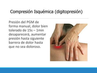Compresión Isquémica (digitopresión)
Presión del PGM de
forma manual, dolor bien
tolerado de 15s – 1min
desaparecerá, aumentar
presión hasta siguiente
barrera de dolor hasta
que no sea doloroso.
 