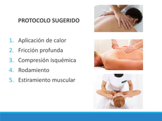 PROTOCOLO SUGERIDO
1. Aplicación de calor
2. Fricción profunda
3. Compresión isquémica
4. Rodamiento
5. Estiramiento muscular
 