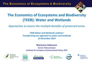 The Economics of Ecosystems and Biodiversity
(TEEB): Water and Wetlands
Approaches to assess the multiple benefits of protected areas
TEEB Water and Wetlands webinar:
Transforming our approach to water and wetlands
12 December 2013

Marianne Kettunen
Senior Policy Analyst
Institute for European Environmental Policy, IEEP

 