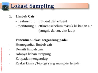 Copyright
by
®
mmasykuri@yahoo.com
1. Limbah Cair
- treatment : influent dan efluent
- monitoring : effluent sebelum masuk ke badan air
(sungai, danau, dan laut)
Penentuan lokasi tergantung pada :
- Homogenitas limbah cair
- Densiti limbah cair
- Adanya bahan terapung
- Zat padat mengendap
- Reaksi kimia /biologi yang mungkin terjadi
 