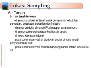 Copyright
by
®
mmasykuri@yahoo.com
b. air tanah tertekan :
- di sumur produksi air tanah untuk pemenuhan kebutuhan
perkotaan, pedesaan, pertanian dan industri;
- disumur produksi air tanah PAM maupun sarana umum;
- di sumur-sumur pemantauankualitas air tanah;
- di lokasi kawasan industri;
- pada sumur observasi air diwilayah pesisir dimana terjadi
penyusupan air asin;
- pada sumur observasi penimbunan/pengolahan limbah industri B3;
dll
Air Tanah
 