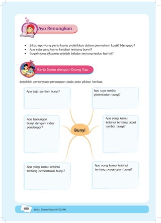 100 Buku Siswa Kelas IV SD/MI
Ayo Renungkan
•	 Sikap apa yang perlu kamu praktikkan dalam permainan kasti? Mengapa?
•	 Apa saja yang kamu ketahui tentang bunyi?
•	 Bagaimana sikapmu setelah belajar tentang kedua hal ini?
Kerja Sama dengan Orang Tua
Jawablah pertanyaan-pertanyaan pada peta pikiran berikut.
Bunyi
Apa saja media
perambatan bunyi?
Apa saja sumber bunyi?
Apa yang kamu ketahui
tentang pemantulan bunyi?
Apa yang kamu ketahui
tentang penyerapan bunyi?
Apa hubungan
bunyi dengan indra
pendengar?
Apa yang kamu
ketahui tentang cepat
rambat bunyi?
 