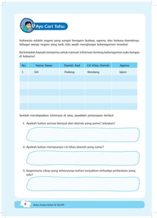 6 Buku Siswa Kelas IV SD/MI
Ayo Cari Tahu
Indonesia adalah negara yang sangat beragam budaya, agama, dan bahasa daerahnya.
Sebagai warga negara yang baik, kita wajib menghargai keberagaman tersebut.
Bertanyalah kepada temanmu untuk mencari informasi tentang keberagaman suku bangsa
di kelasmu!
No. Nama Siswa Daerah Asal Ciri Khas Daerah Agama
Setelah mendapatkan informasi di atas, jawablah pertanyaan berikut:
1.	 Apakah kalian semua berasal dari daerah yang sama? Jelaskan!
2.	Apakah kalian mempunyai ciri khas daerah yang sama?
3.	Bagaimana sikap yang seharusnya kalian tunjukkan terhadap perbedaan yang
ada?
1. 	 Siti 			 Padang		 Rendang 			 Islam
 