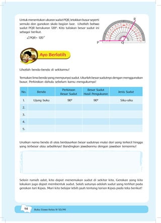 14 Buku Siswa Kelas IV SD/MI
UntukmenentukanukuransudutPQR,letakkanbusurseperti
semula dan gunakan skala bagian luar. Lihatlah bahwa
sudut PQR berukuran 120º. Kita tuliskan besar sudut ini
sebagai berikut.
PQR= 120
o
	
Ayo Berlatih
Lihatlah benda-benda di sekitarmu!
Temukan lima benda yang mempunyai sudut. Ukurlah besar sudutnya dengan menggunakan
busur. Perkirakan dahulu sebelum kamu mengukurnya!
No. Benda
Perkiraan
Besar Sudut
Besar Sudut
Hasil Pengukuran
Jenis Sudut
1. Ujung buku 900
900
Siku-siku
2.
3.
4.
5.
Urutkan nama benda di atas berdasarkan besar sudutnya mulai dari yang terkecil hingga
yang terbesar atau sebaliknya! Bandingkan jawabanmu dengan jawaban temanmu!
Selain rumah adat, kita dapat menemukan sudut di sekitar kita. Gerakan yang kita
lakukan juga dapat membentuk sudut. Salah satunya adalah sudut yang terlihat pada
gerakan tari Kipas. Mari kita belajar lebih jauh tentang tarian Kipas pada teks berikut!
R
QP
 