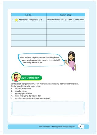 21Tema 1 Subtema 1: Keberagaman Budaya Bangsaku
Sila ke- Contoh Sikap
1. Ketuhanan Yang Maha Esa Beribadah sesuai dengan agama yang dianut
Wah, ternyata itu ya nilai-nilai Pancasila. Apakah
kamu sudah menerapkannya saat bermain tadi?
Sekarang ceritakan ya….
Ayo Ceritakan
Ceritakanlah pengalamanmu saat memainkan salah satu permainan tradisional.
Cerita yang kamu tulis harus berisi:
1.	 aturan permainan;
2.	 cara bermain;
3.	 strategi permainan;
4.	 nilai-nilai yang dipelajari; dan
5.	 manfaatnya bagi kehidupan sehari-hari.
 