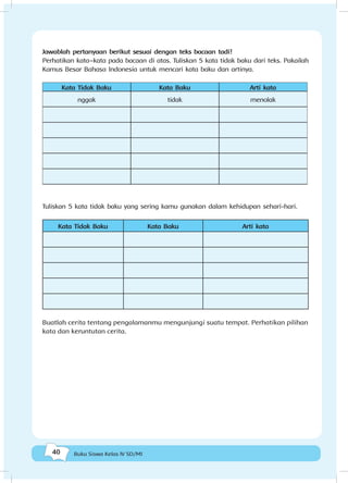 40 Buku Siswa Kelas IV SD/MI
Jawablah pertanyaan berikut sesuai dengan teks bacaan tadi!
Perhatikan kata–kata pada bacaan di atas. Tuliskan 5 kata tidak baku dari teks. Pakailah
Kamus Besar Bahasa Indonesia untuk mencari kata baku dan artinya.
Kata Tidak Baku Kata Baku Arti kata
nggak tidak menolak
Tuliskan 5 kata tidak baku yang sering kamu gunakan dalam kehidupan sehari-hari.
Kata Tidak Baku Kata Baku Arti kata
Buatlah cerita tentang pengalamanmu mengunjungi suatu tempat. Perhatikan pilihan
kata dan keruntutan cerita.
 