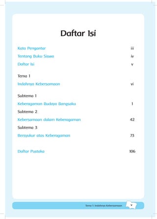 v
Kata Pengantar
Tentang Buku Siswa
Daftar Isi
Tema 1
Indahnya Kebersamaan
Subtema 1
Keberagaman Budaya Bangsaku
Subtema 2
Kebersamaan dalam Keberagaman
Subtema 3
Bersyukur atas Keberagaman
Daftar Pustaka
Daftar Isi
iii
iv
v
1
vi
42
73
106
Tema 1: Indahnya Kebersamaan
 