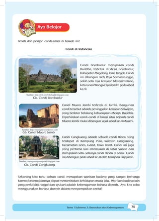 75Tema 1 Subtema 3: Bersyukur atas Keberagaman
Ayo Belajar
Amati dan pelajari candi-candi di bawah ini!
Candi di Indonesia
Candi Muaro Jambi terletak di Jambi. Bangunan
candi tersebut adalah peninggalan kerajaan Sriwijaya,
yang berlatar belakang kebudayaan Melayu Buddhis.
Diperkirakan candi-candi di lokasi situs sejarah candi
Muaro Jambi mulai dibangun sejak abad ke-4 Masehi.
Candi Borobudur merupakan candi
Buddha, terletak di desa Borobudur,
KabupatenMagelang,JawaTengah.Candi
ini dibangun oleh Raja Samaratungga,
salah satu raja kerajaan Mataram Kuno,
keturunan Wangsa Syailendra pada abad
ke-9.
Candi Cangkuang adalah sebuah candi Hindu yang
terdapat di Kampung Pulo, wilayah Cangkuang,
Kecamatan Leles, Garut, Jawa Barat. Candi ini juga
yang pertama kali ditemukan di Tatar Sunda dan
merupakan satu-satunya candi Hindu di sana. Candi
ini dibangun pada abad ke-8 oleh Kerajaan Pajajaran.
Sumber: http://31k1ch1-0n1zuk4.blogspot.com
Sumber: http://basingbe.wordpress.com
Sumber: www.garutgarutgarut.blogspot.com
Sekarang kita tahu bahwa candi merupakan warisan budaya yang sangat berharga
karena keberadaannya dapat menceritakan kehidupan masa lalu. Warisan budaya lain
yang perlu kita hargai dan syukuri adalah keberagaman bahasa daerah. Ayo, kita coba
menggunakan bahasa daerah dalam menyampaikan cerita!
Gb. Candi Borobudur
Gb. Candi Muaro Jambi
Gb. Candi Cangkuang
 