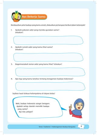 3Tema 1 Subtema 1: Keberagaman Budaya Bangsaku
Ayo Bekerja Sama
Berdasarkan peta budaya yang kamu amati, diskusikan pertanyaan berikut dalam kelompok!
1.	 Apakah pakaian adat yang mereka gunakan sama?
Jelaskan!
2.	 Apakah rumah adat yang kamu lihat sama?
Jelaskan!
3.	 Bagaimanakah tarian adat yang kamu lihat? Jelaskan!
4.	 Apa lagi yang kamu ketahui tentang keragaman budaya Indonesia?
Sajikan hasil diskusi kelompokmu di depan kelas!
Wah, budaya Indonesia sangat beragam.
Apakah setiap daerah memiliki budaya
yang sama?
Ayo kita pelajari!
 