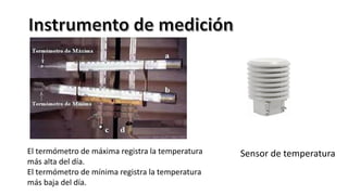 Sensor de temperatura
El termómetro de máxima registra la temperatura
más alta del día.
El termómetro de mínima registra la temperatura
más baja del día.
 
