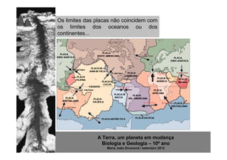 Os limites das placas não coincidem com
os limites dos oceanos ou dos
continentes...




               A Terra, um planeta em mudança
                 Biologia e Geologia – 10º ano
                   Maria João Drumond / setembro 2012
 
