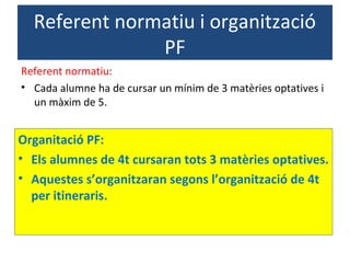 Referent normatiu i organització
PF
Referent normatiu:
• Cada alumne ha de cursar un mínim de 3 matèries optatives i
un màxim de 5.
Organitació PF:
• Els alumnes de 4t cursaran tots 3 matèries optatives.
• Aquestes s’organitzaran segons l’organització de 4t
per itineraris.
 
