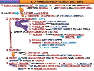 ESQUEMA - GUIÓ 3. LA PRIMERA REPÚBLICA FRANCESA ( 1792 – 1799 ) 
 RADICALITZACIÓ de la REVOLUCIÓ PROVOCA L’OPOSICIÓ de GRAN PART de la POBLACIÓ 
SOBRETOT LA BURGESIA VEIA PERILLAR la SEUA HEGEMONIA SOCIAL 
 Juliol 1794 COLP D’ESTAT DE LA BURGESIA 
 ROBESPIERRE i altres JACOBINS SÓN ENDERROCATS i EXECUTATS 
 REPÚBLICA BURGESA (1794 – 1799 ) 
 VA DEROGAR LA CONSTITUCIÓ de 1793 
 VA CLAUSURAR ELS CLUBS JACOBINS 
 VA ANUL.LAR LES LLEIS JACOBINES 
 VA PROMOURE RETORN DELS EXILIATS, A CAUSA DEL TERROR 
 ELABORA UNA NOVA CONSTITUCIÓ, la de 1795: 
 ATORGAVA poder EXECUTIU a un GOVERN COL.LEGIAT 
DIRECTORI 
 RESTABLIA EL SUFRAGI CENSATARI 
 CONFIAVA EL PODER LEGISLATIU A DUES CAMBRES: 
 CONSELL DELS CINC-CENTS 
 CONSELL D’ANCIANS 
 CONTEXT DE: 
 CRISI POLÍTICA i SOCIAL 
 DE GUERRA CONTRA LES POTÈNCIES ABSOLUTISTES D’EUROPA 
 EXÈRCIT VA SER L’ÚNICA INSTITUCIÓ CAPAÇ DE POSAR ORDRE, TANT a L’INTERIOR, COM 
DERROTANT als INVASORS en l’EXTERIOR 
 NAPOLEÓ BONAPART, amb l’APOIO de la BURGESIA COLP D’ESTAT FI DEL DIRECTORI 
 INTENCIÓ NO ERA TORNAR A L’ANTIC RÈGIM, SINÓ CONSOLIDAR LA REVOLUCIÓ, 
PERÒ SOLS en els ASPECTES MÉS MODERATS 
 